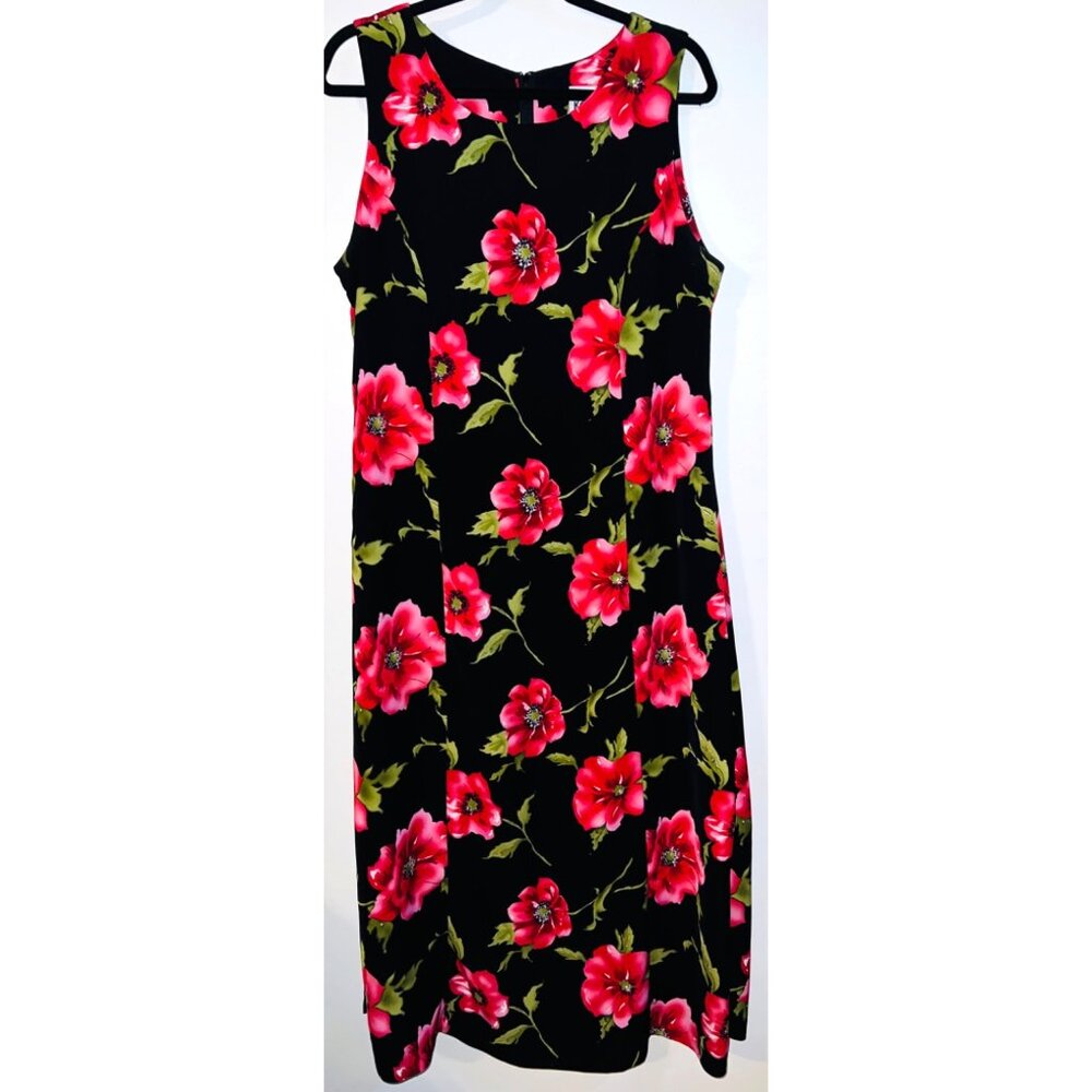 Kaktus Sleeveless Floral Print Dress XL Black & Red Polyester Maxi